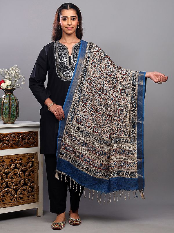 Solitary-Star Printed Kalamkari Dupatta with Zari woven Contrast Border from Telangana