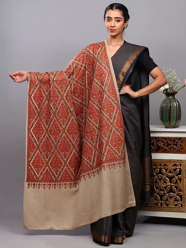 Wool Shawl from Punjab with Multicolor Thread Embroidered Flowers in Diamond Pattern