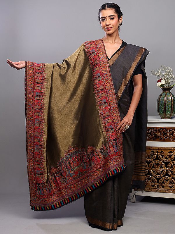 Military-Olive Shimmer Shawl with Woven Queen’s Court in Multicolor Thread Kani Border