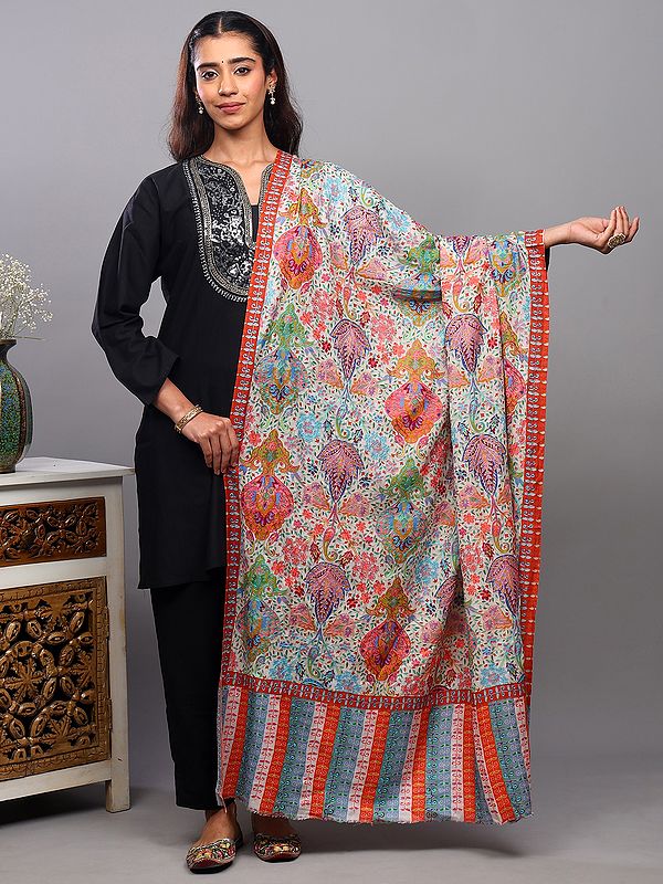 Snow-White Aari Embroidered Kalamkari Shawl with Printed Flowers and Paisleys Motifs from Amritsar
