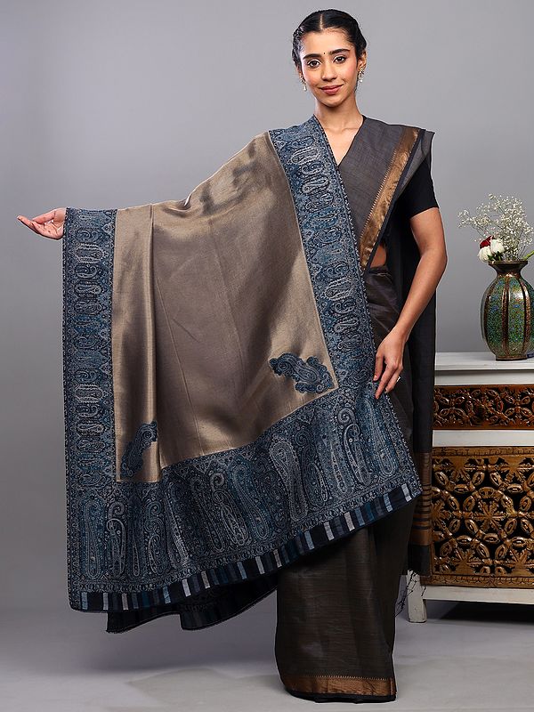 Gilded-Beige Shawl with Shimmery Metallic Zari Thread Weave and Paisleys Border