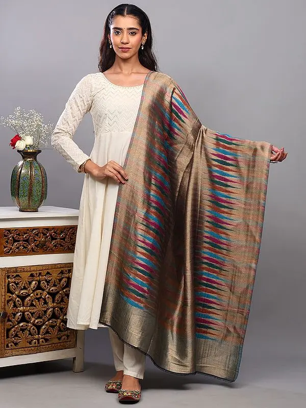 Pale-Gold Shimmer Shawl with All-Over Zari Thread Weave and Multi-Colored Pattern