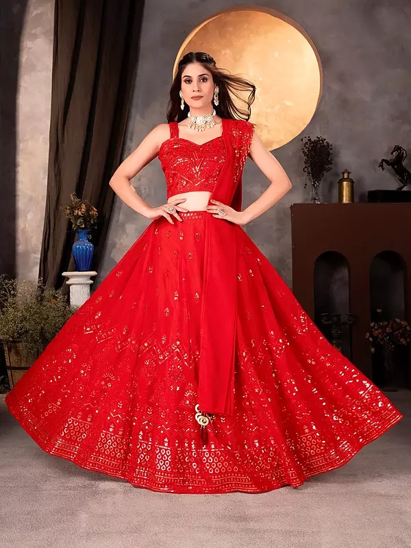 Designer Faux Georgette Sequins And Embroidery Work Lehenga Choli