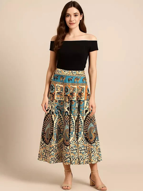 Cream Floral Printed Wrap-Around Long Skirt from Pilkhuwa