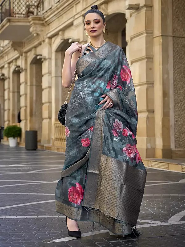 Poly Brasso Handloom Weaving Flower Printed Saree With Blouse