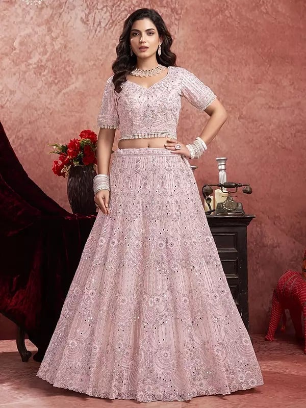 Baby-Pink Premium Mirror Zarkan Hand Work 14 Kali Net Lehenga Choli With Dupatta For Bridal