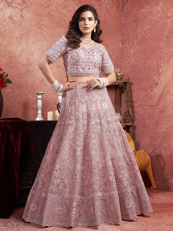 Dusty-Pink 12 Kali Bridal Lehenga Choli And Dupatta With Premium Net Mirror Zarkan Hand Work