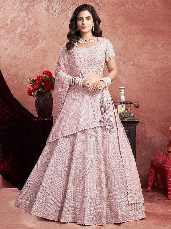 Light-Pink Premium Zarkan Hand Work 14 Kali Designer Net Lehenga Choli With Dupatta For Bridal