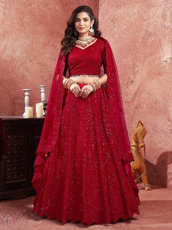 Cadmium-Red Premium Net 20 Kali Bridal Lehenga Choli And Dupatta With Zarkan Work