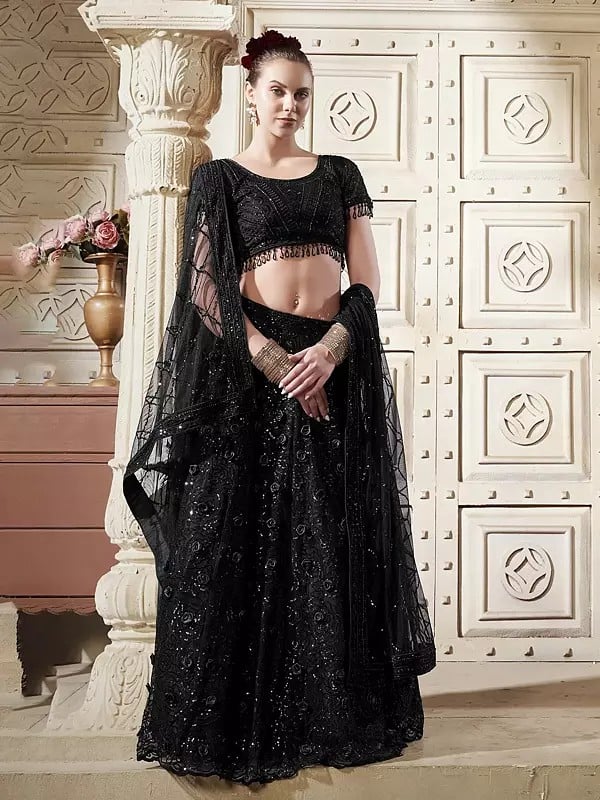 Jed-Blak Designer Premium Net Lehenga Choli And Dupatta With Flower Patches With Sequence