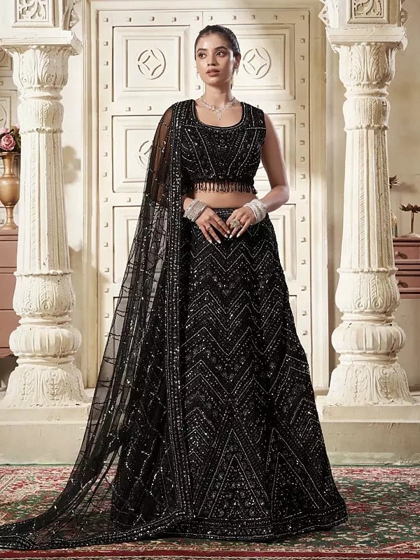 Shiny-Black Designer Net Lehenga Choli And Dupatta With Premium Heavy Zarkan And Sequence Work