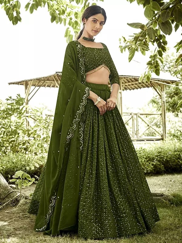 Dark-Olive-Green Embroidery And Sequence Work Georgette Designer Lehenga Choli With Dupatta