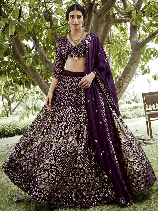 Eggplant Embroidery And Sequence Work Georgette Designer Lehenga Choli With Dupatta