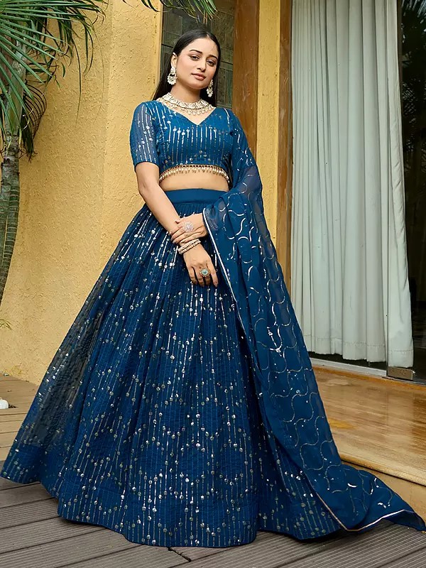 Astronaut-Blue Embroidery And Sequence Work Georgette Designer Lehenga Choli With Dupatta