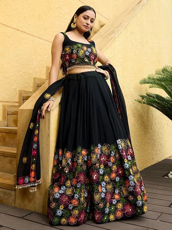 Almost-Black Floral Embroidery Work Georgette Designer Lehenga Choli With Tassels Dupatta