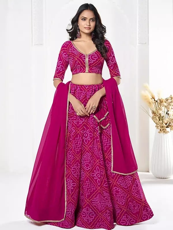 Dark-Hot-Pink Bandhani Print Work Georgette Designer Lehenga Choli With Dupatta