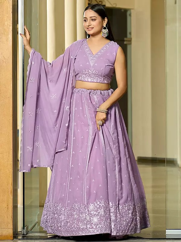 Very-Light-Purple Embroidery And Sequence Work Georgette Designer Lehenga Choli With Dupatta