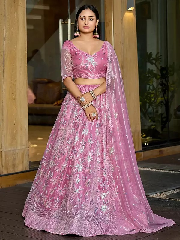 Light-Thulian-Pink Embroidery And Sequence Work Silk Net Designer Lehenga Choli With Dupatta