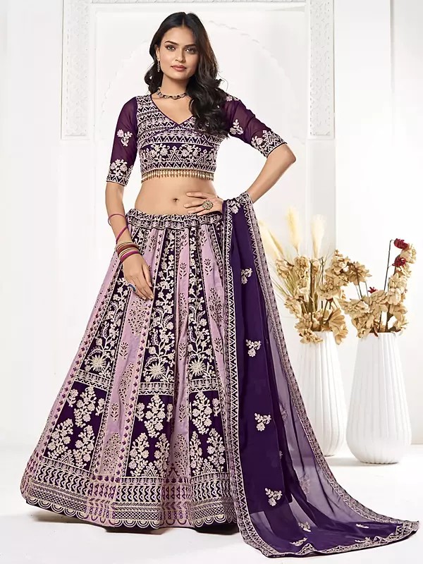 Deep-Violet Embroidery Work Georgette Designer Lehenga Choli With Dupatta