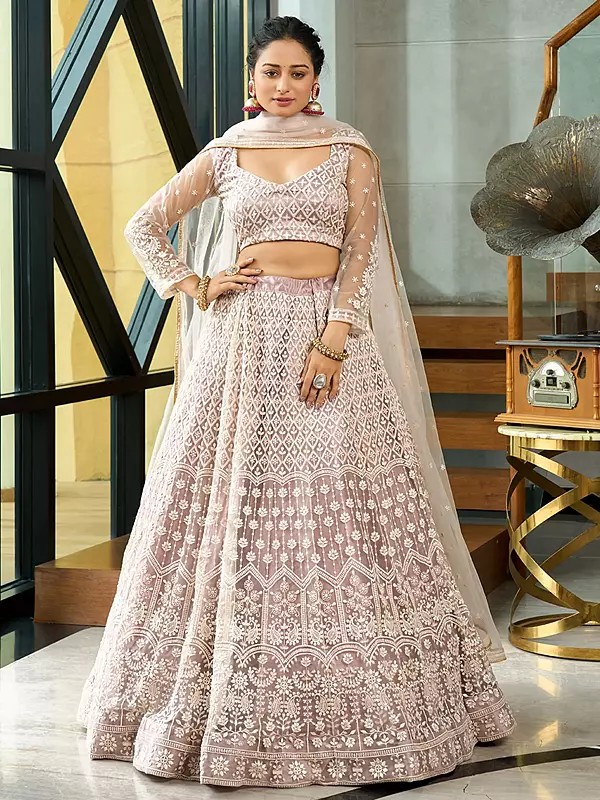 Quicksand Embroidery Work Net Designer Lehenga Choli With Net Dupatta