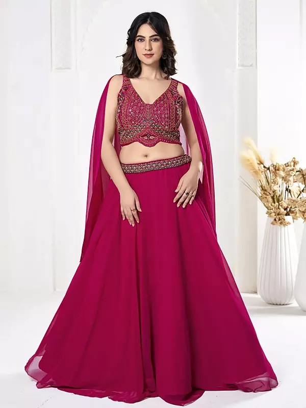 Purplish-Red Embroidery And Hand Work Georgette Designer Lehenga Choli With Dupatta