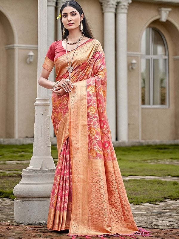 Attractive Floral Vine Pattern Organza Saree For Women's