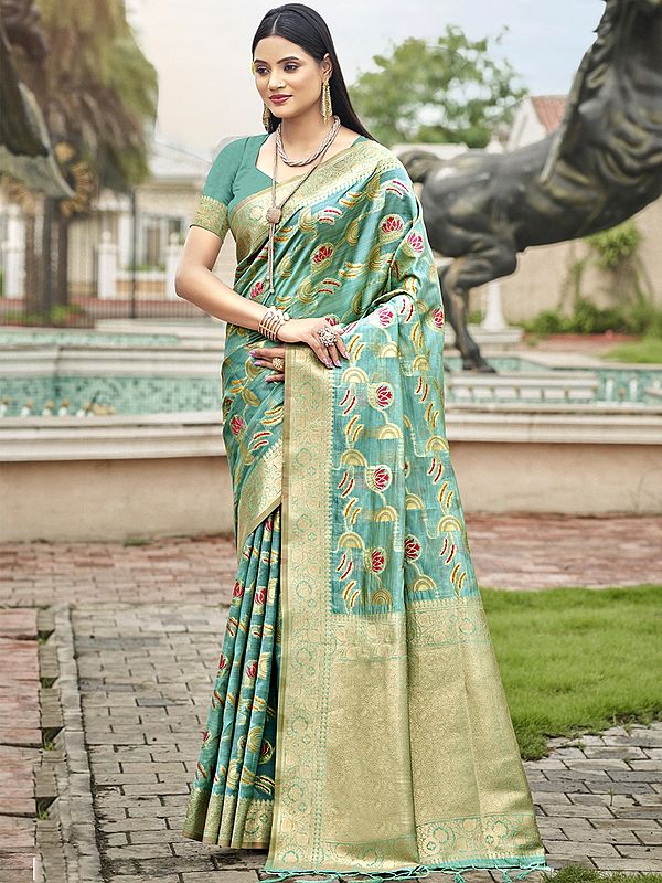 Traditional Wear Floral Motif Border Organza Saree With Tassels Pallu