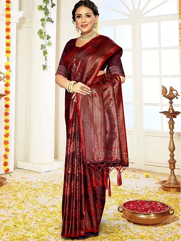 Traditional Satin Silk Saree With Floral Motifs And Tassels Pallu