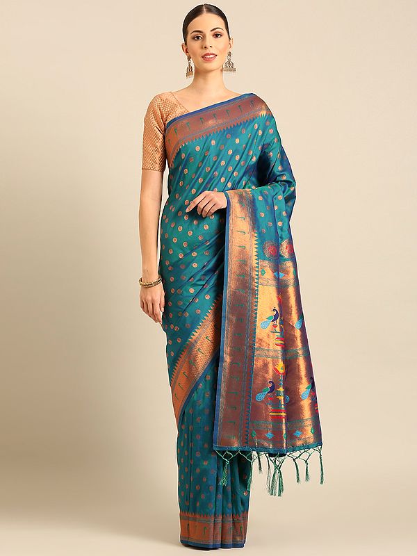 Teal-Blue Banarasi Silk Saree With Peacock Motif Pallu And Tassels