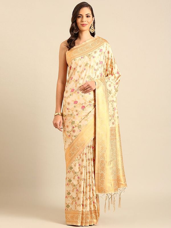 Floral Vine Banarasi Silk Saree With Tassels Pallu And Designer Border