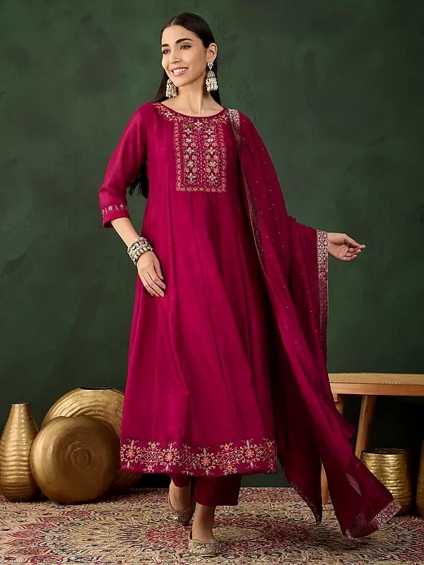 Purplish-Red Vichitra Silk Floral Embroidery And Hand Work Round Neck Kurta With Trouser & Dupatta