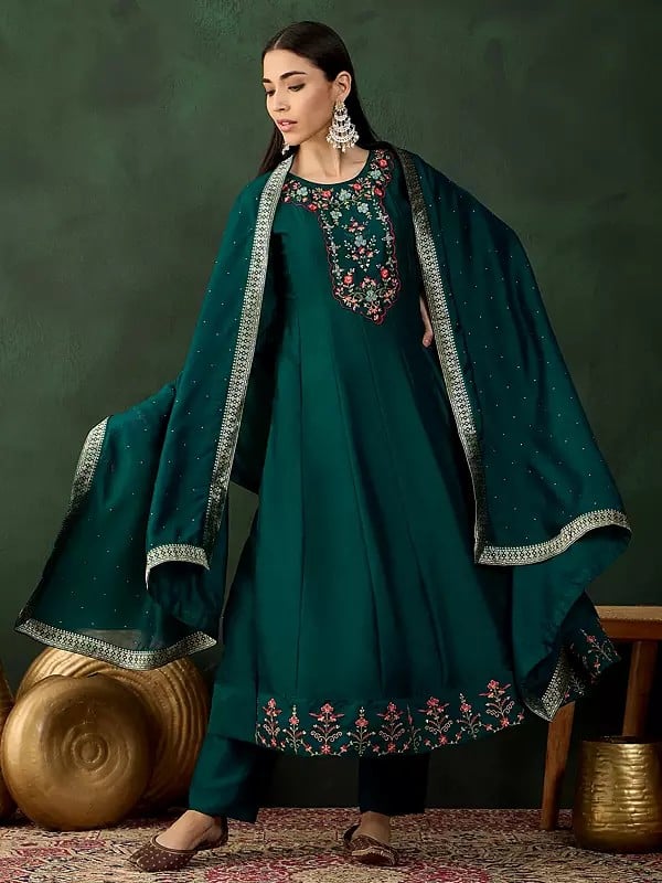 Dark-Teal Vichitra Floral Embroidery And Hand Work Round Neck Silk Festival Wear Kurta With Trouser & Dupatta