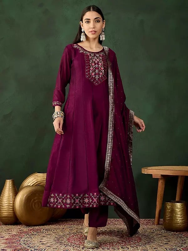 Mulberry-Wood Floral Round Neck Embroidered Vichitra Silk Kurta With Trouser & Dupatta