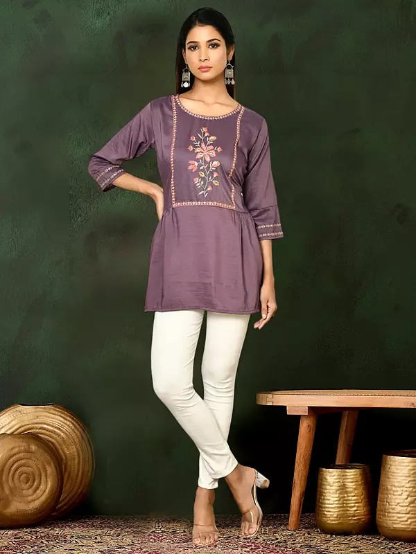 Mountbatten-Pink Viscose Blend Embroidered And Ethnic Motifs Casual Round Neck Short Top