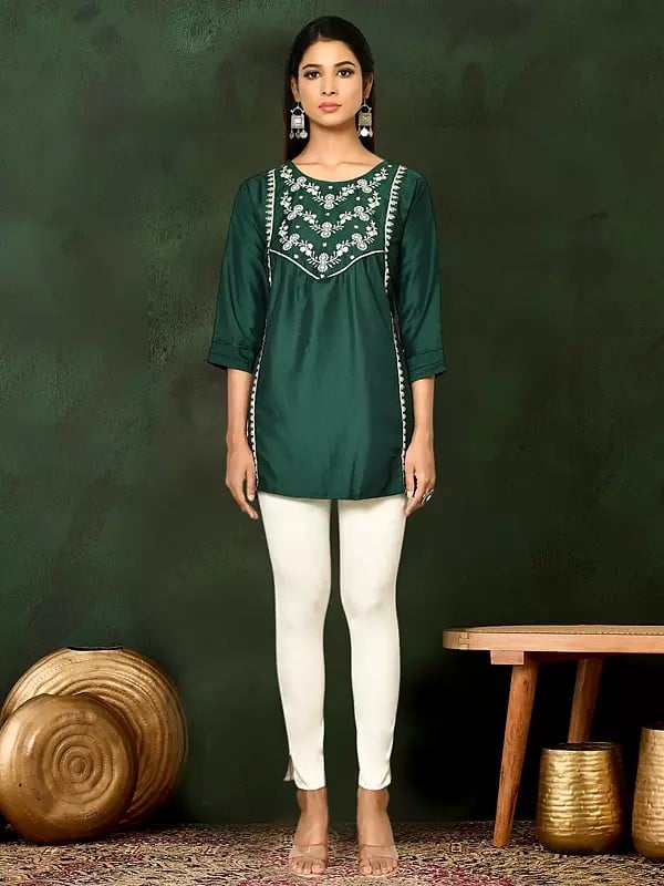 Everglade Round Neck Viscose Blend Embroidered And Ethnic Motifs Casual Short Top