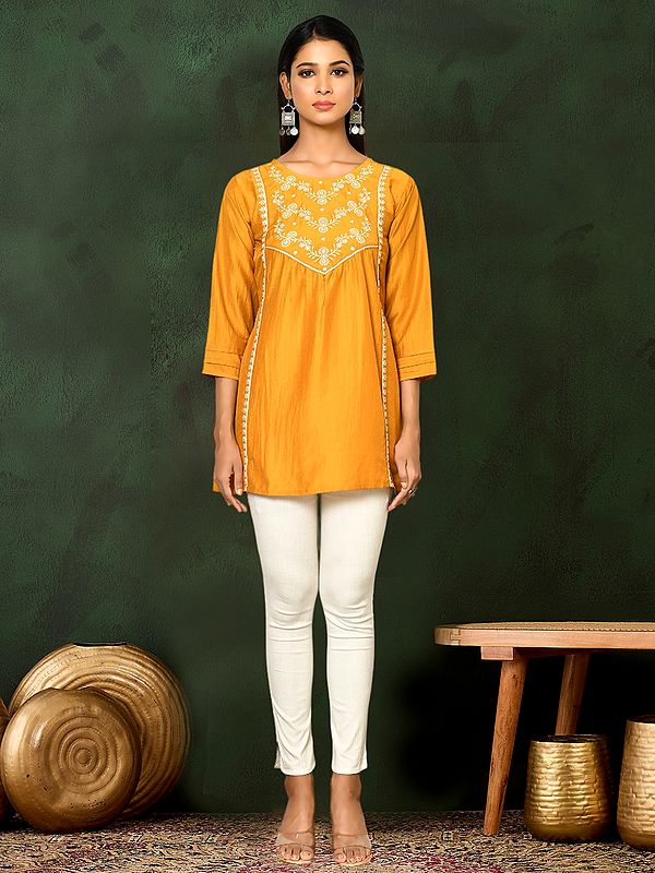 Butterscotch Viscose Blend Embroidered And Casual Ethnic Motifs Round Neck Short Top