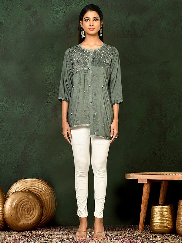 Sage-Green Viscose Blend Embroidered And Ethnic Motifs Round Neck Short Top For Casual Occasion