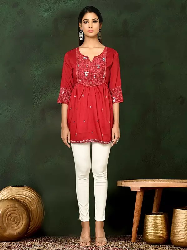 Persian-Red Embroidered And Ethnic Motifs Casual Round Neck Viscose Blend Short Top