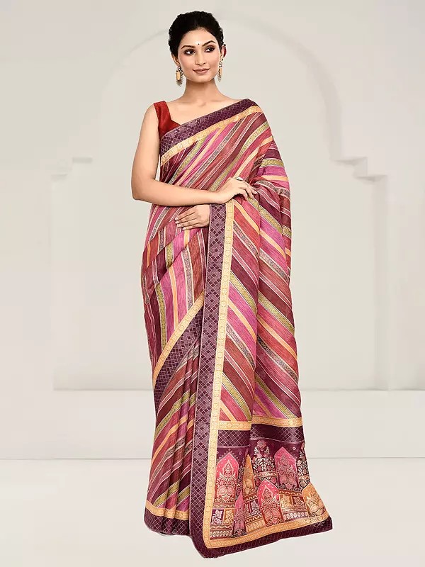 Rankat Tusser Silk Kalamkari Work Woven Design Stripe Pattern Saree With Blouse & Tassels Pallu