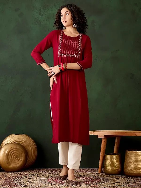 Wine-Red Viscose Rayon Floral Embroidered Round Neck Casual Kurta For Festival Occasion