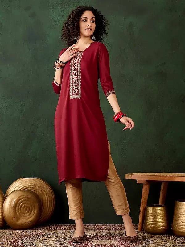 Vivid-Burgundy Chinon Floral Embroidered Round Neck Designer Straight Kurta For Casual Occasion