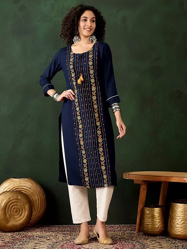 Oxford-Blue Viscose Rayon Floral Embroidered Round Neck Kurta For Festival Occasion