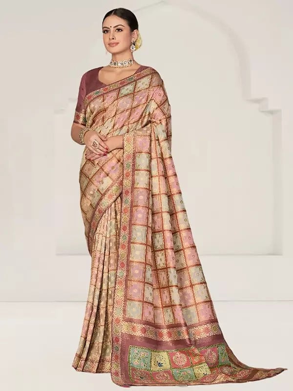 Rose-Taupe Rangkat Tussar Silk Woven Design And Checks Pattern Saree With Blouse