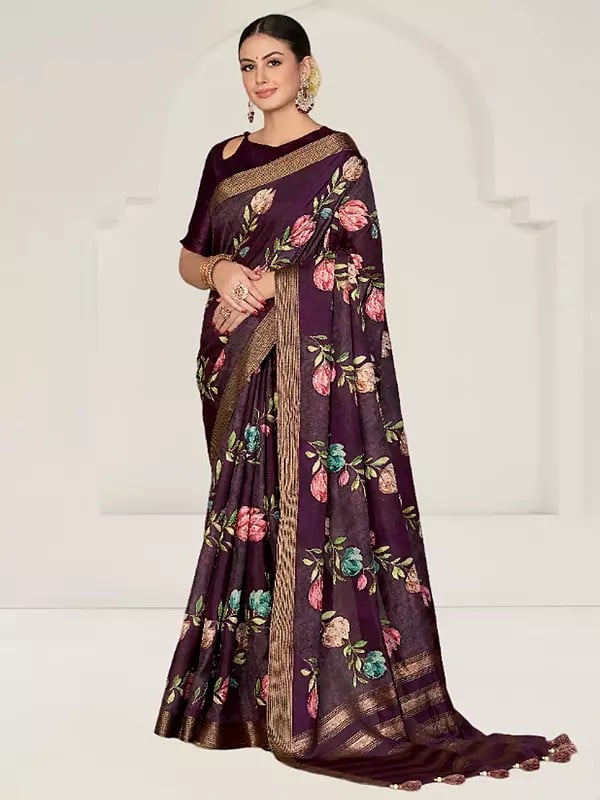 Wine-Berry Rangkat Tussar Silk Woven Design Floral And Sequence Embroidered Saree With Blouse