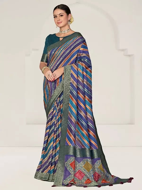 Dark-Lavender Rangkat Tussar Silk Woven Design Leheriya And Thread Embroidered Saree With Blouse