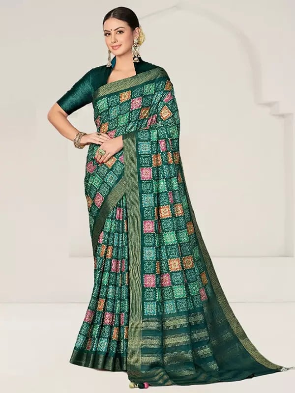 Dark-Green-Blue Rangkat Tussar Silk Woven Design Aztec & Geometric Pattern With Embroidered Saree With Blouse