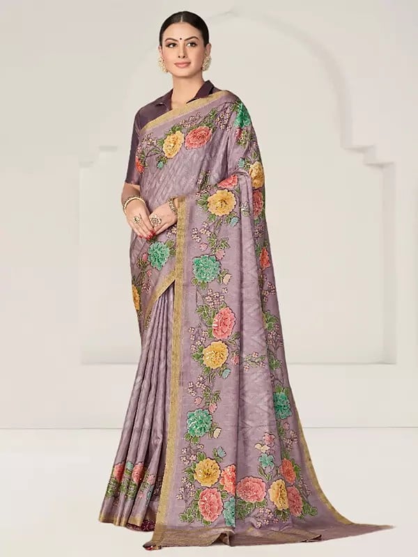 Pastel-Purple Rangkat Tussar Silk Woven Design Floral And Sequence Embroidered Saree With Blouse