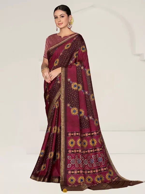 Velvet-Maroon Rangkat Tussar Silk Woven Design Bandhani And Thread Embroidered Saree With Blouse