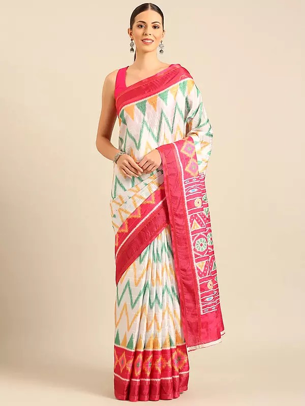 All Over Zig-Zag Pattern Cotton Saree With Geometric Motifs Pallu