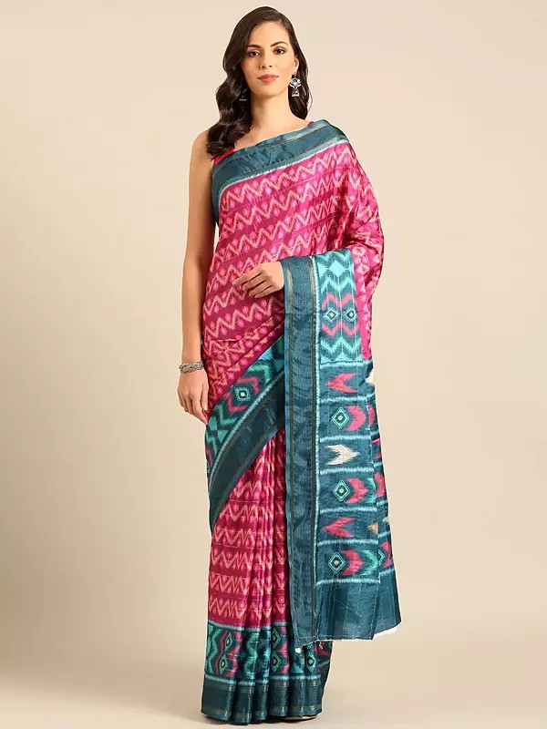 All Over Zig-Zag Motifs Cotton Saree With Blouse And Geometrical Pallu